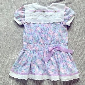 Vintage Evy Floral Dress Size 4 Pastel 90s Cottagecore Rosettes Ribbon Scalloped